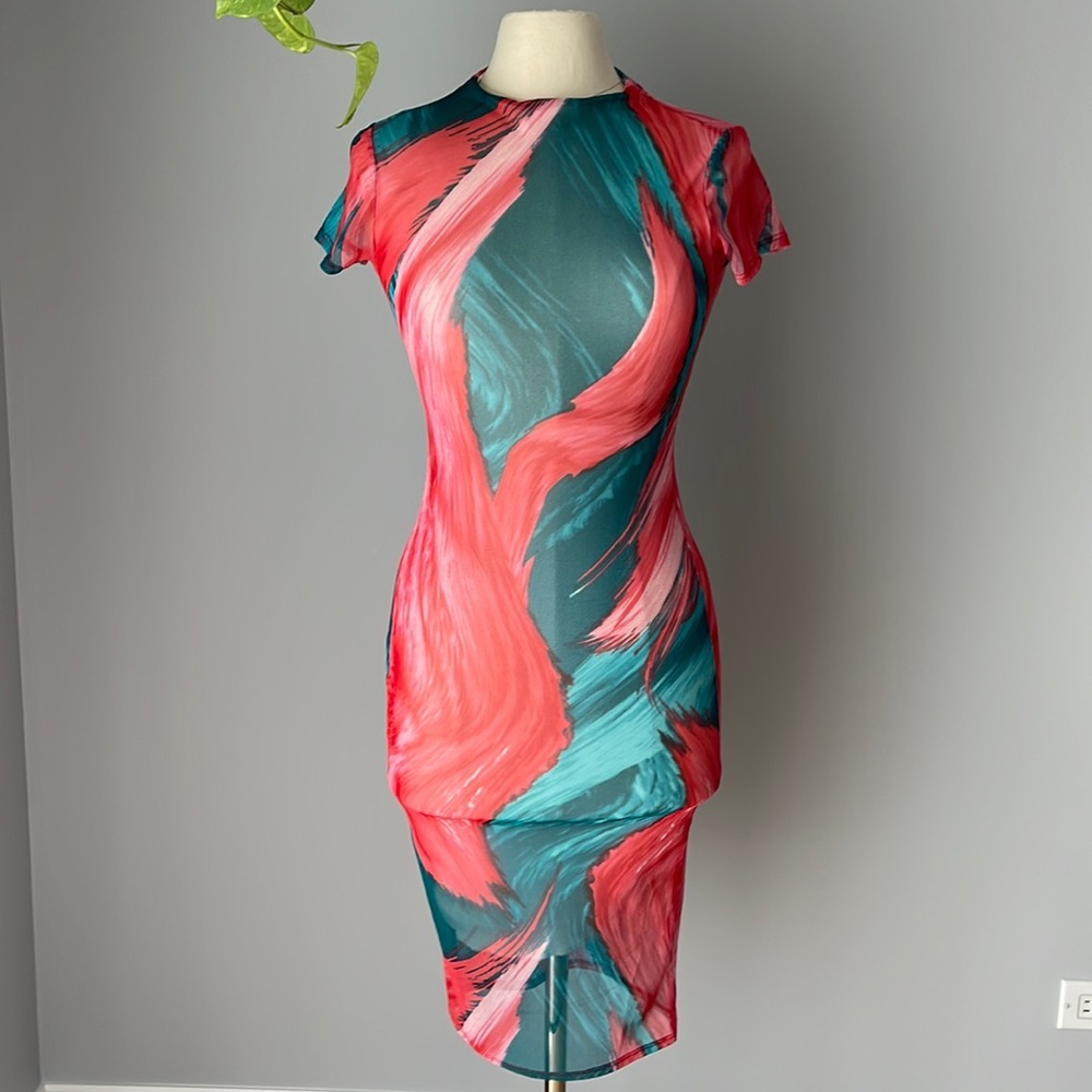 FashionNova fully lined sheer mesh teal red pink dress size S